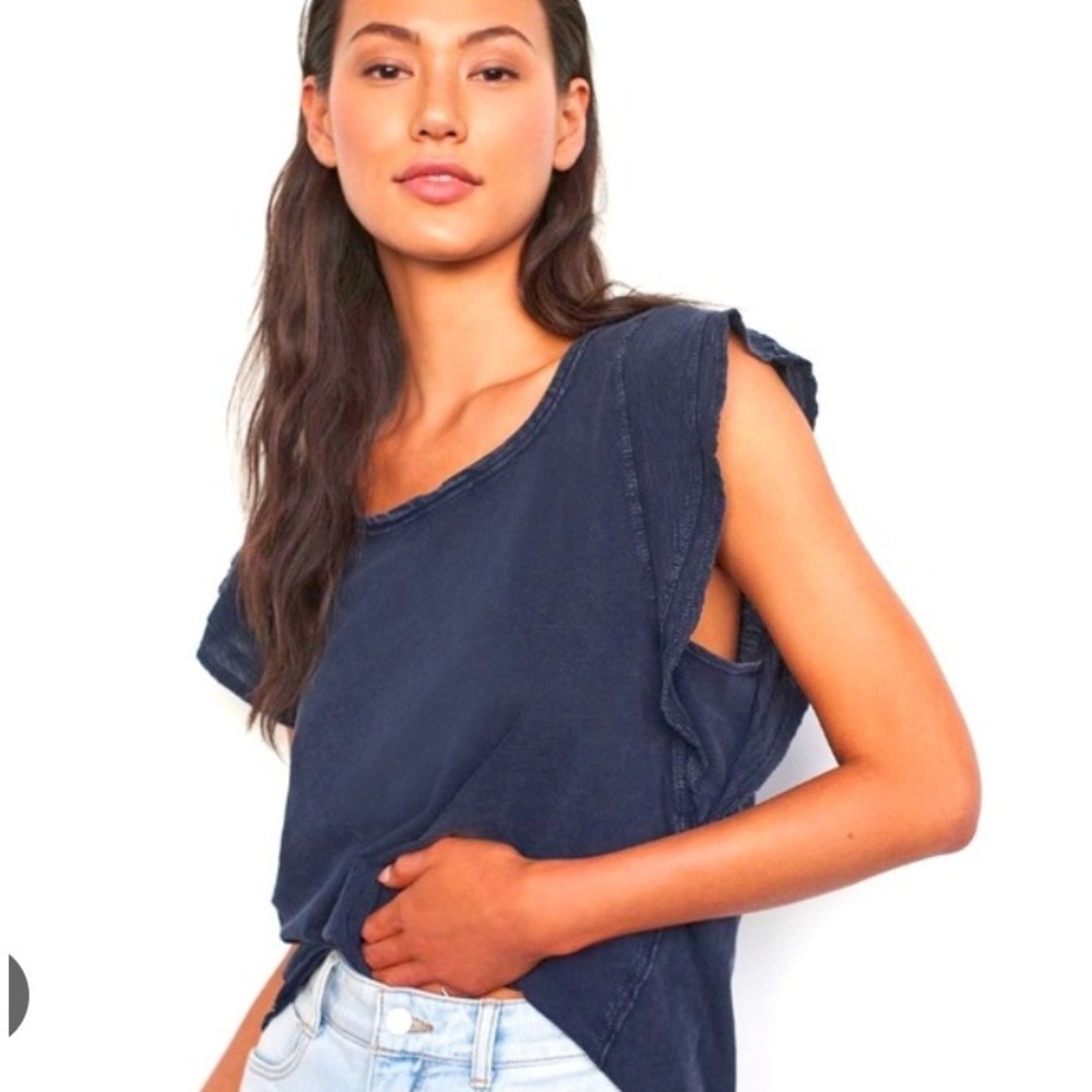 Daily Practice Navy Blue Distressed Cap Sleeve T Shirt Top Women XS